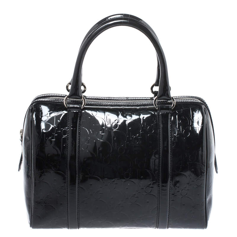 Pre Owned Dior Black Oblique Monogram Patent Leather Boston Bag
