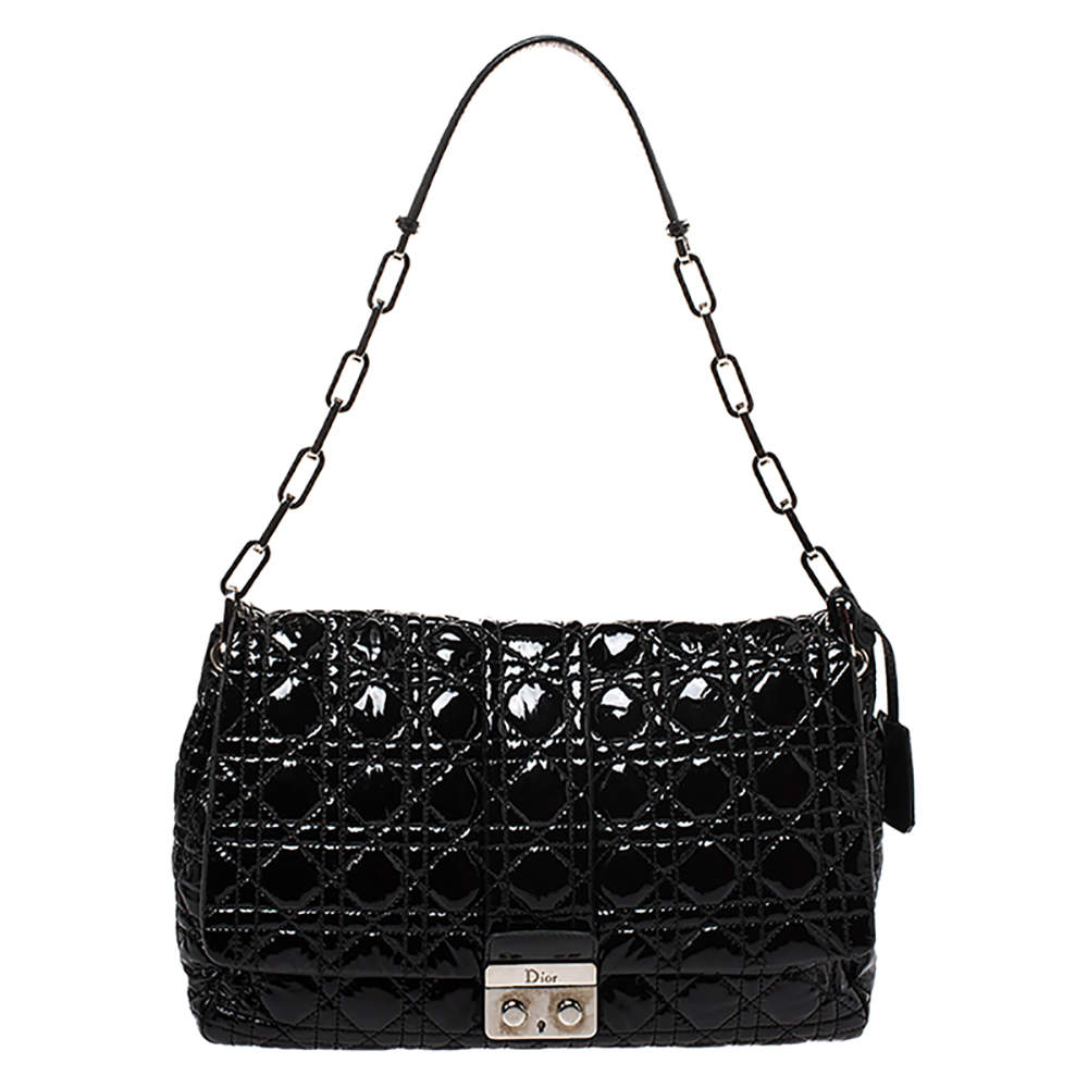 Pre Owned Dior Black Cannage Patent Leather Large New Lock Flap Shoulder Bag