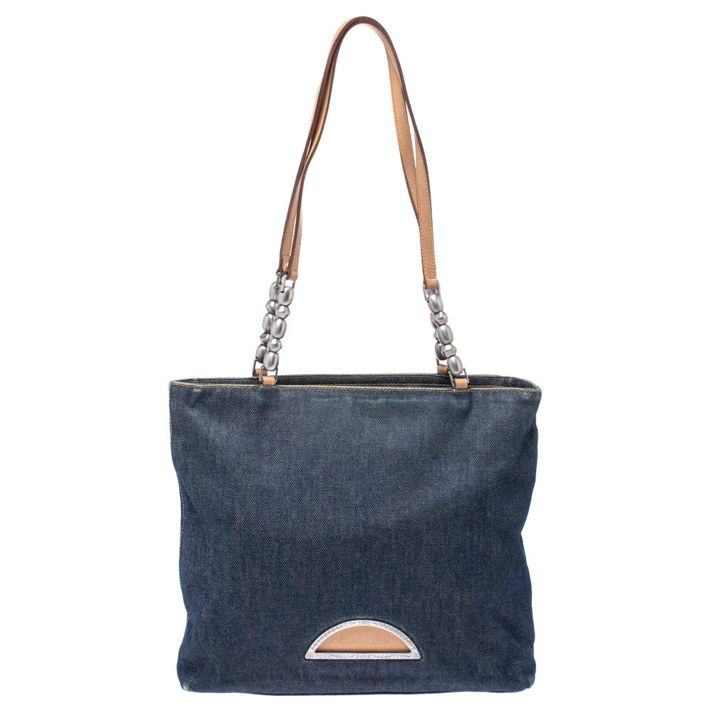 Pre Owned Dior Blue Denim and Leather Maris Pearl Tote