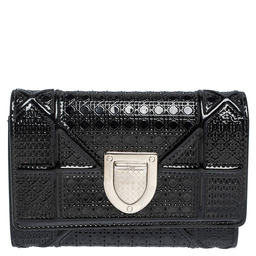 Pre Owned محفظة ديور ديوراما بثلاث طيات جلد لامع ميكرو كاناج سوداء