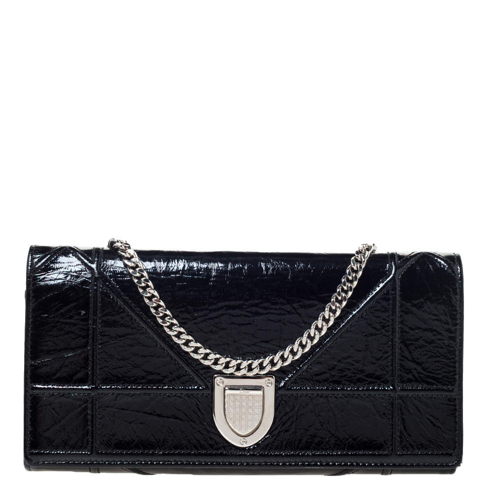 Pre Owned محفظة ديور ديوراما جلد أسود لامع بسلسلة