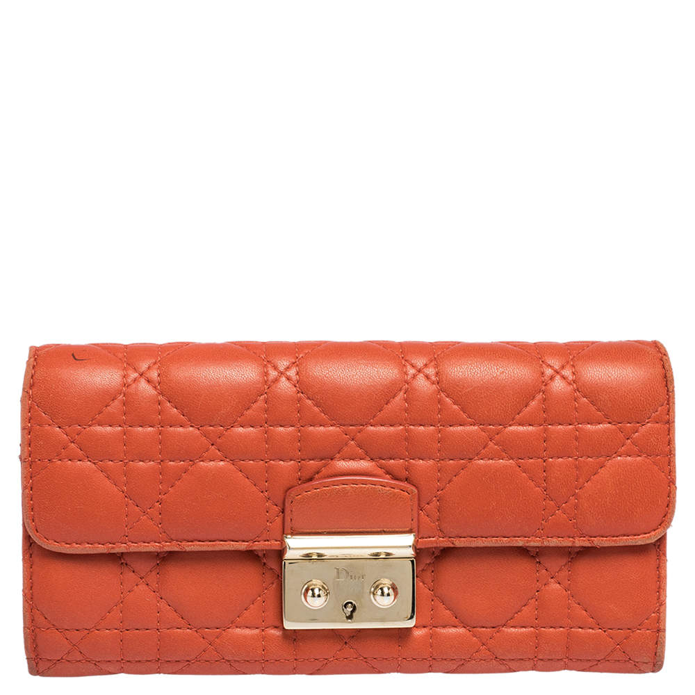 Pre Owned Dior Orange Cannage Leather Miss Dior Flap Continental Wallet