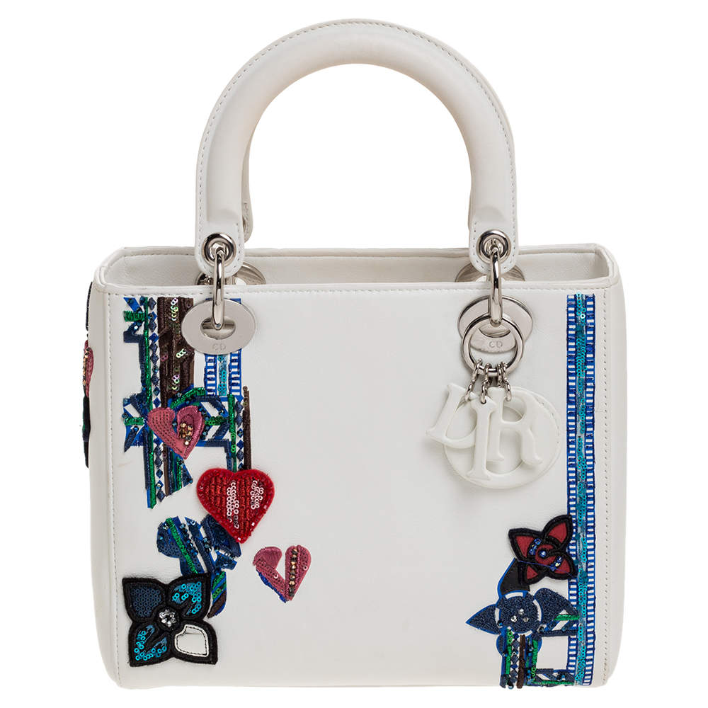 Pre Owned Dior White Sequins Embellished Leather Medium Lady Dior Tote