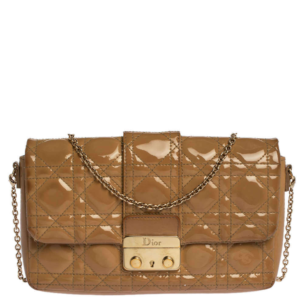 Dior Beige Cannage Patent Leather New Lock Chain Clutch