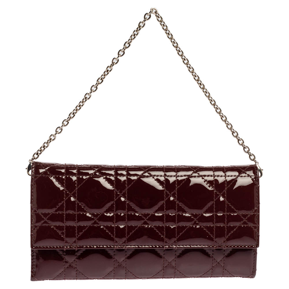 Pre Owned Dior Red Cannage Patent Leather Lady Dior Wallet on Chain