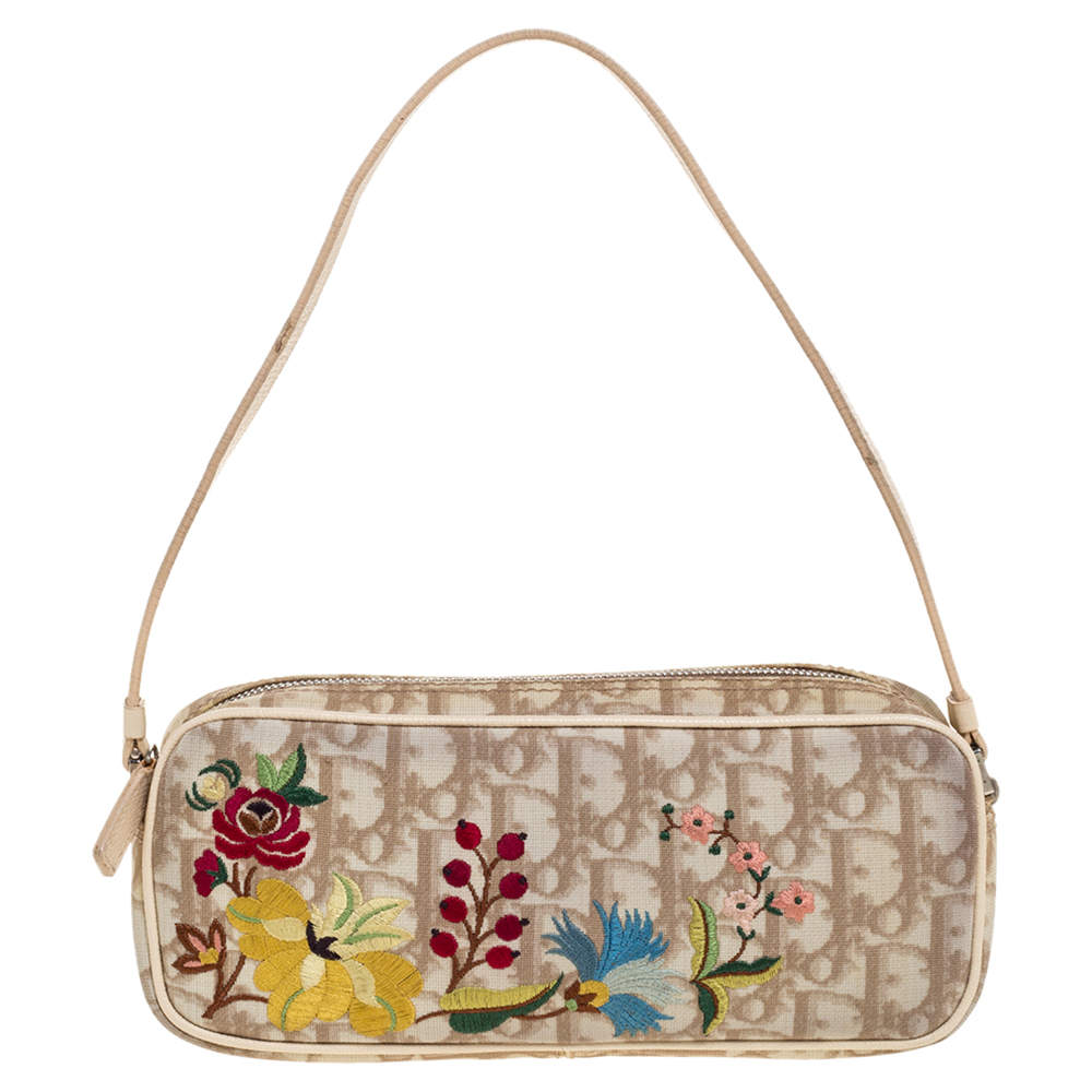 Dior Beige Oblique Canvas Floral Embroidered Clutch Bag