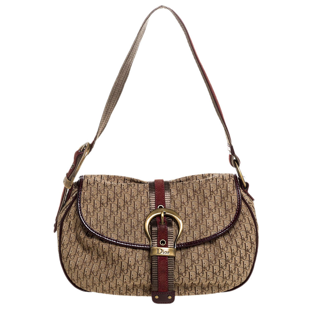 Pre Owned Dior Beige Oblique Canvas and Suede Buckle Flap Hobo
