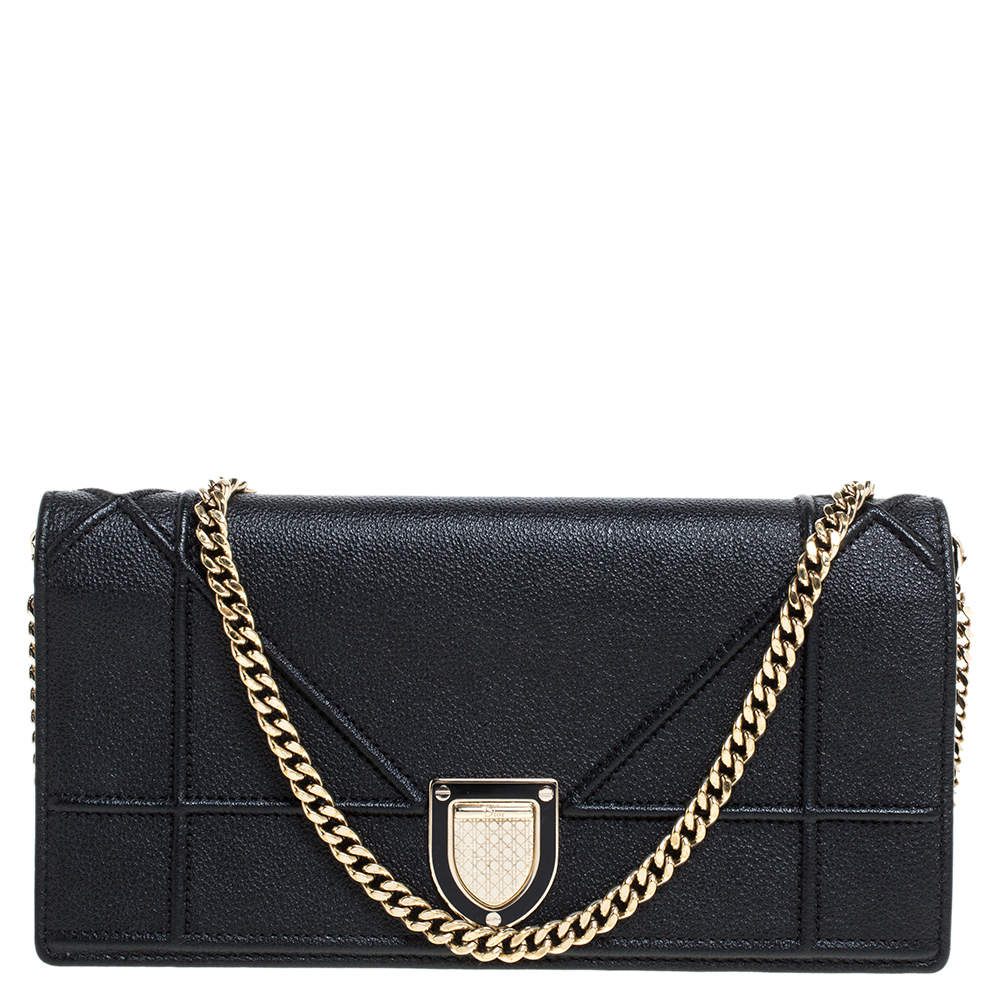 Pre Owned Dior Black Leather Diorama Wallet on Chain