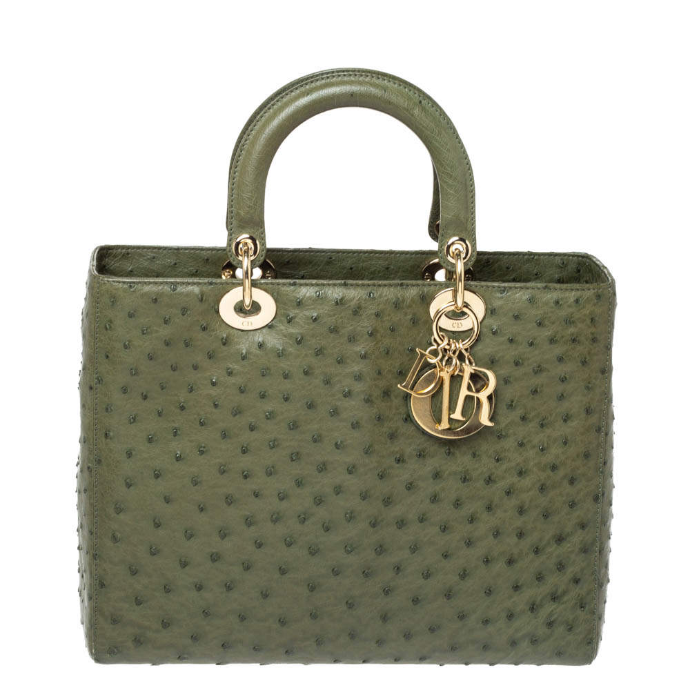 Dior Army Green Ostrich Large Lady Dior Tote