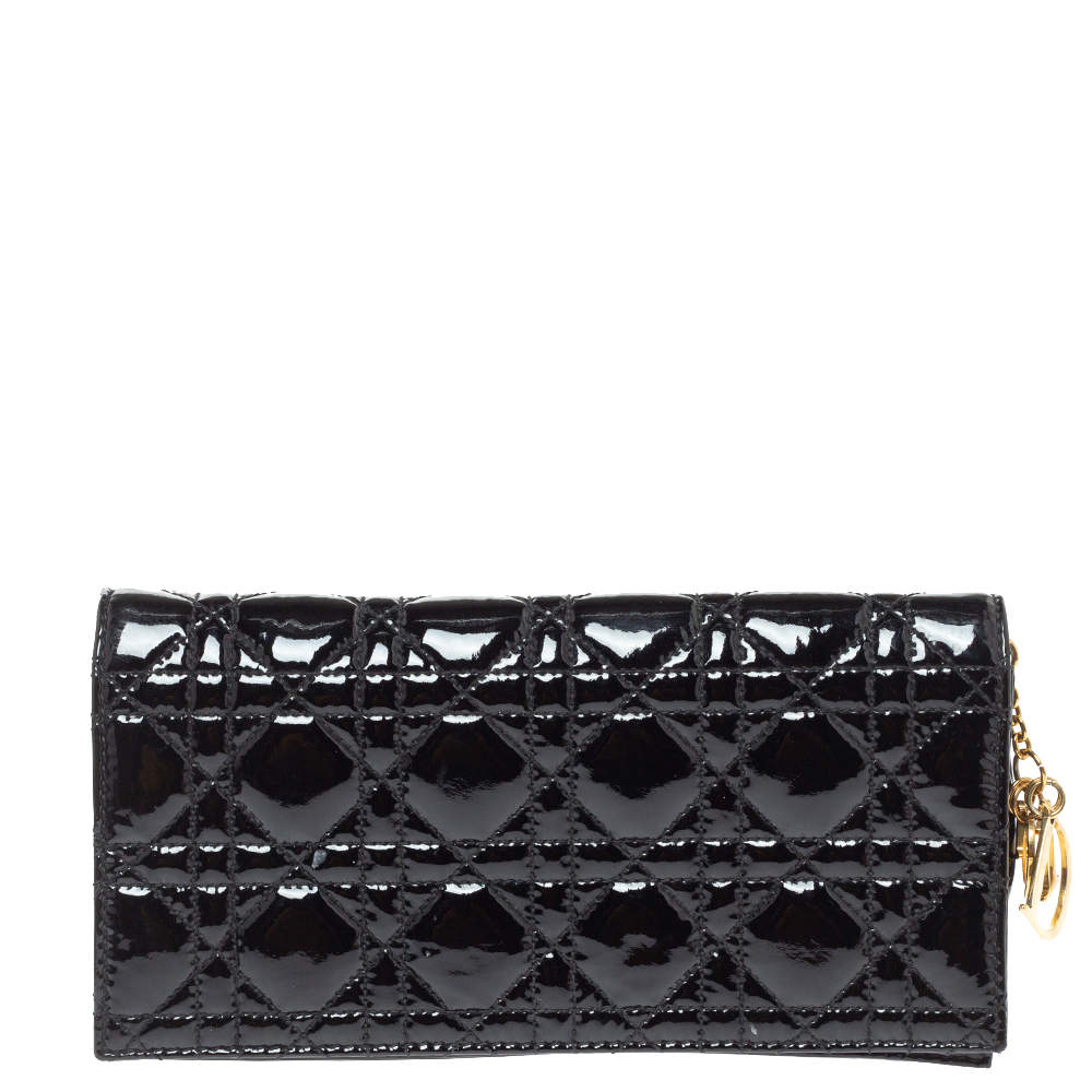 مملوكة مسبقًا Dior Black Cannage Patent Leather Soft Lady Dior Chain Clutch