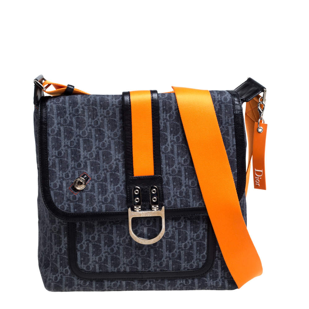 Pre Owned Dior Blue/Orange Oblique Canvas Flight Flap Messenger Bag