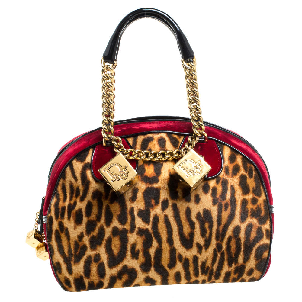 مملوكة مسبقًا Dior Multicolor Leopard Print Calfhair, Velvet and Patent Leather Gambler Dice Bag