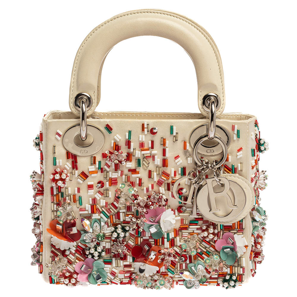 Dior White Beaded Embellished Satin and Leather Mini Lady Dior Tote ...