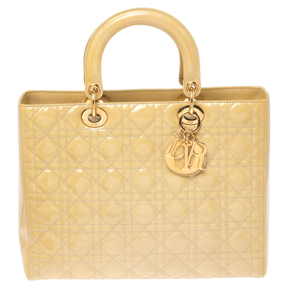 مملوكة مسبقًا Dior Beige Cannage Patent Leather Large Lady Dior Tote