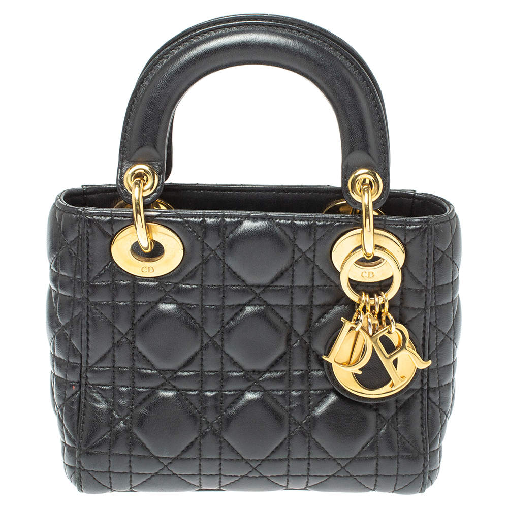 Pre Owned Dior Black Cannage Leather Mini Lady Dior Tote