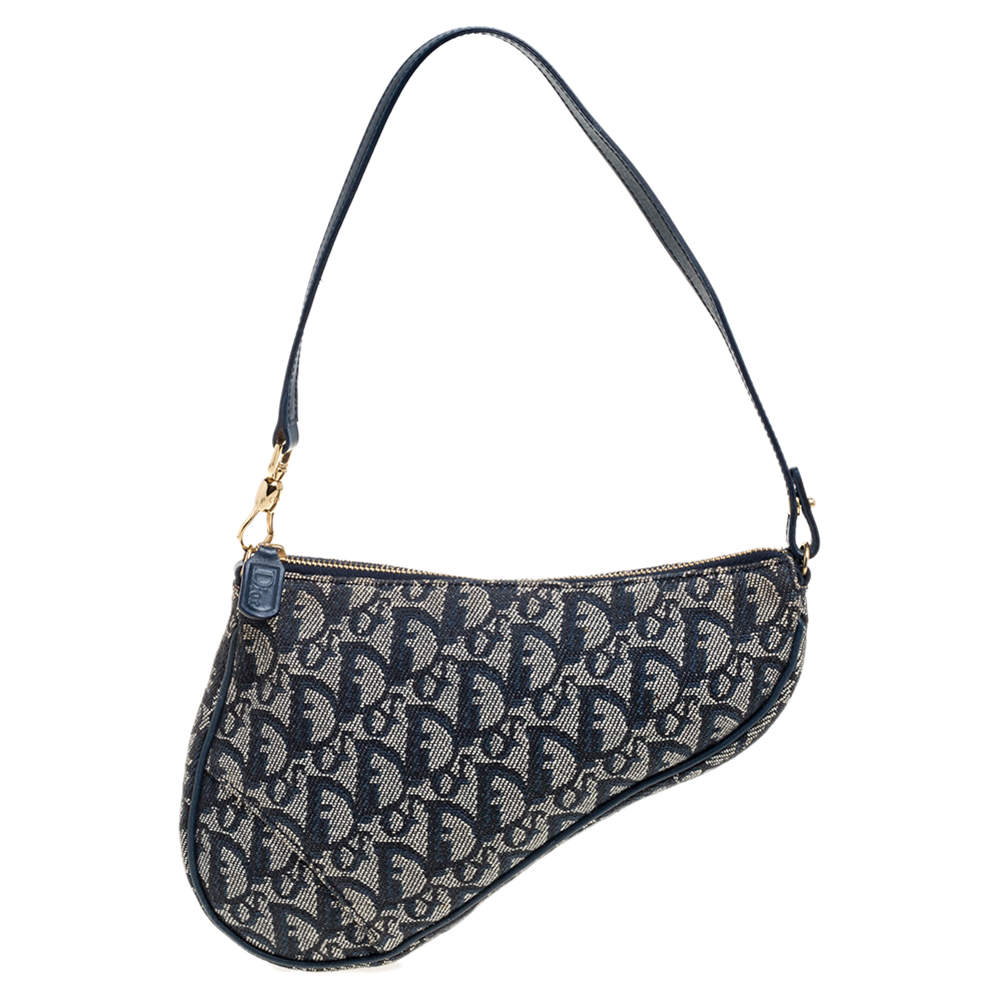 Pre Owned Dior Blue Oblique Canvas Saddle Clutch