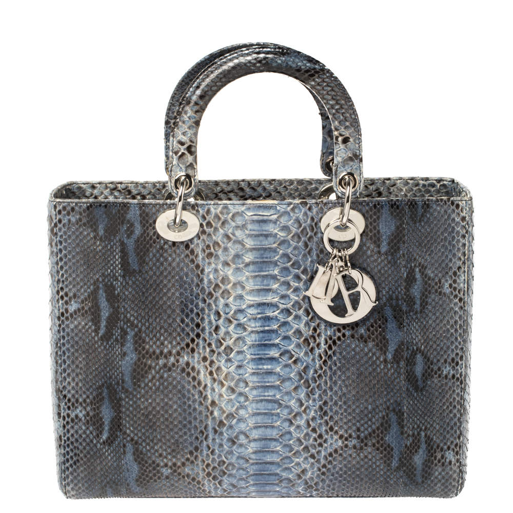 Pre Owned حقيبة يد ديور ليدي ديور كبيرة جلد ثعبان أزرق