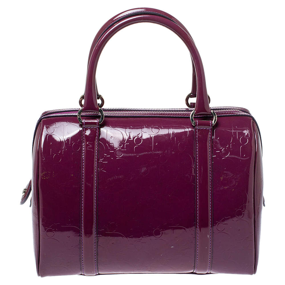 Pre Owned Dior Purple Oblique Embossed Patent Leather Boston Bag