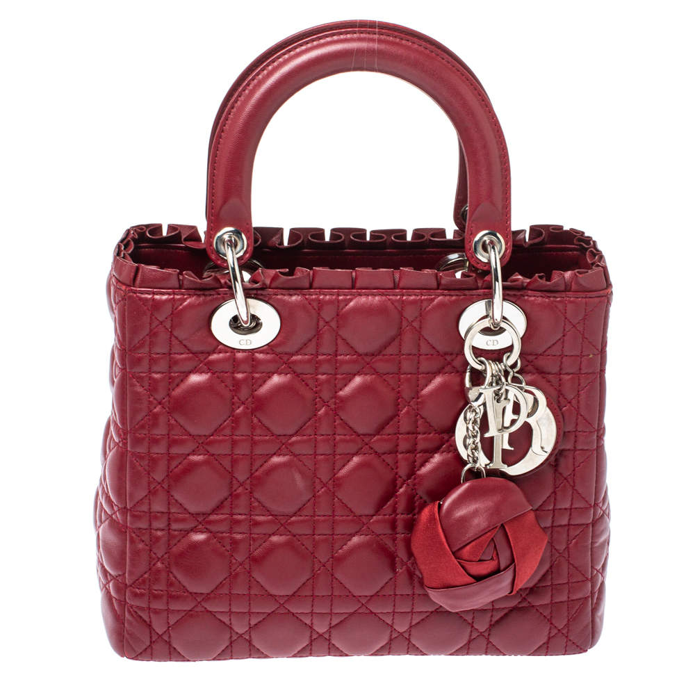 Pre Owned Dior Wine Red Cannage Leather Medium Lady Dior Ruffle Tote