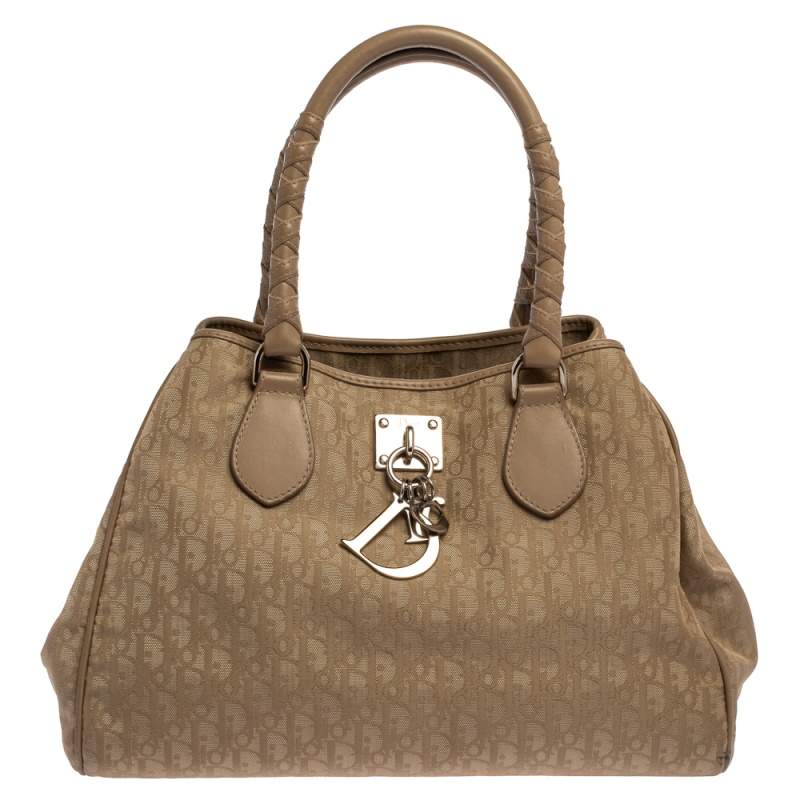 Pre Owned Dior Beige Oblique Nylon and Leather Lovely Tote