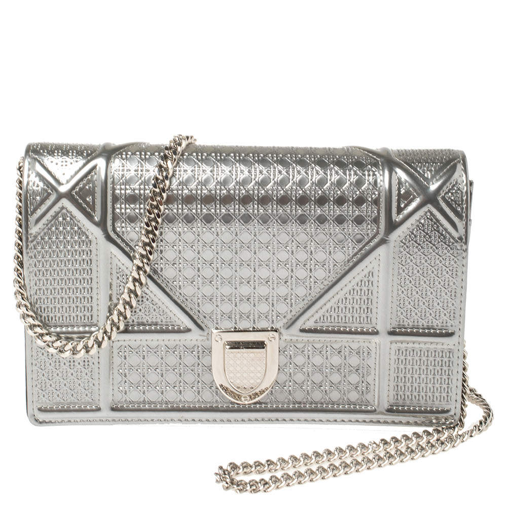 Dior Metallic Silver Micro Cannage Patent Leather Mini Diorama Chain ...