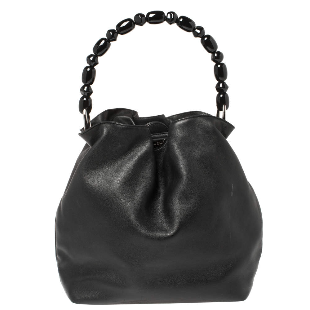 Pre Owned Dior Black Leather Beaded Top Handle Bag