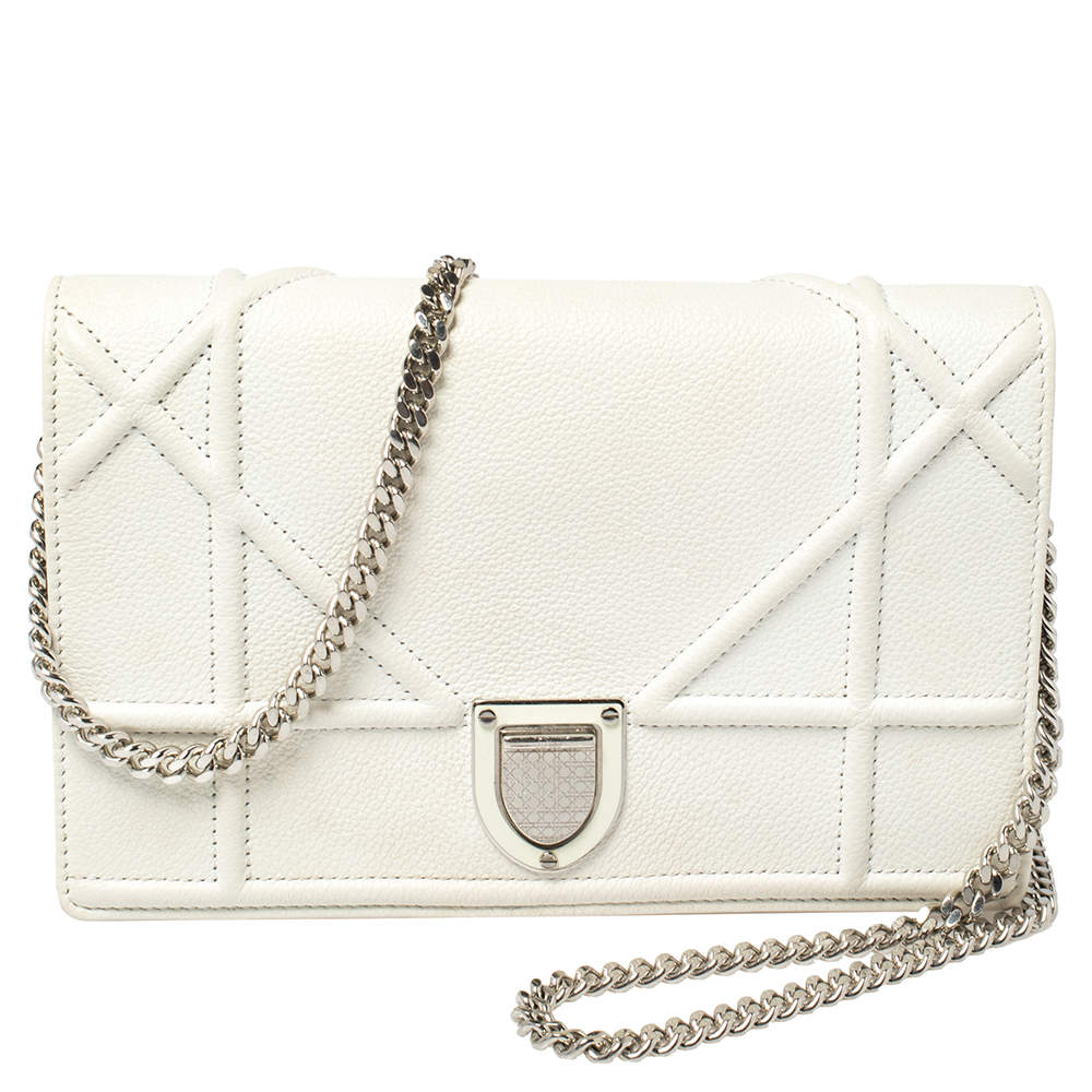 Dior White Leather Diorama Wallet on Chain