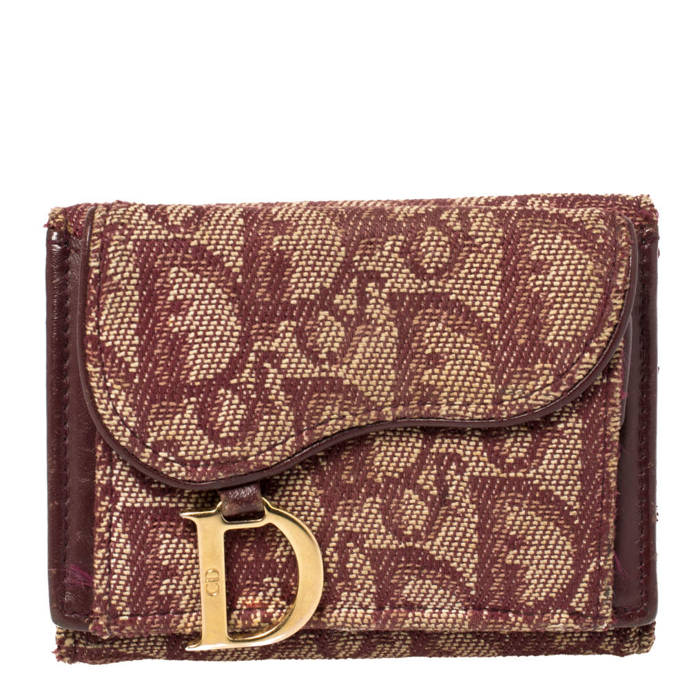 Pre Owned Dior Maroon Diorissimo Canvas Saddle Compact Wallet