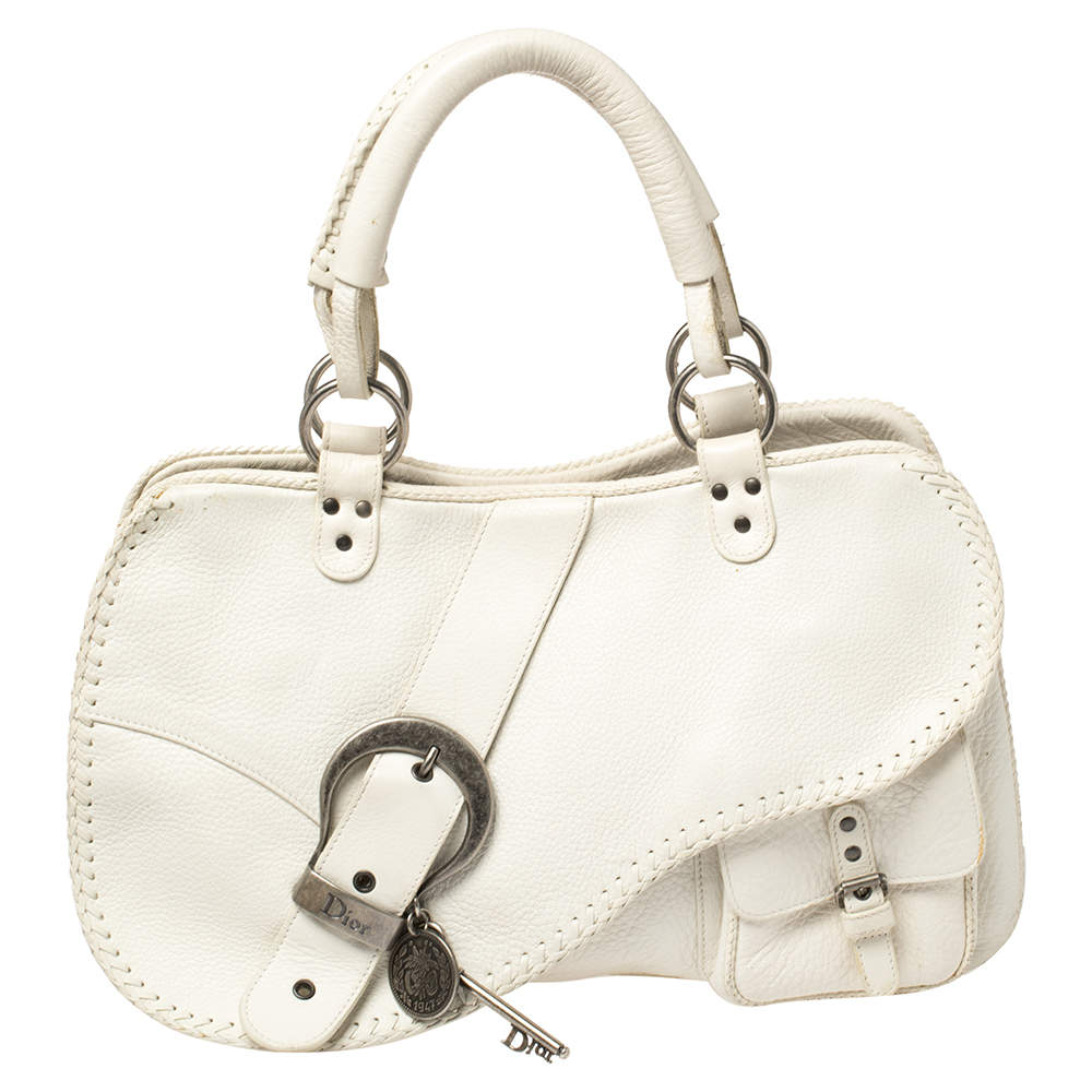Dior White Leather Gaucho Double Saddle Shoulder Bag