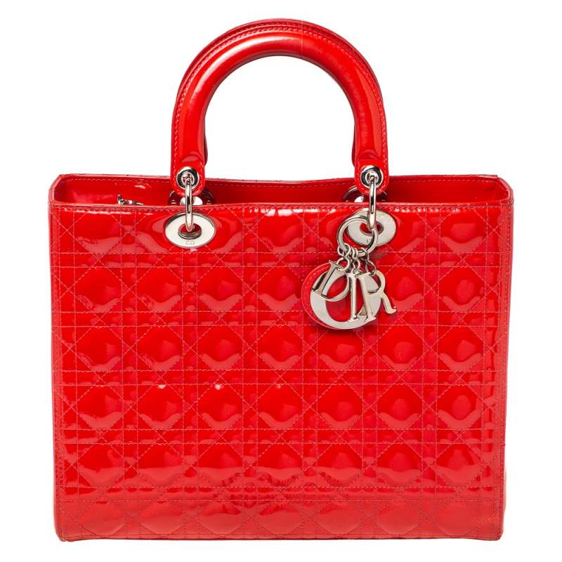 Pre Owned Dior Crimson Red Cannage Patent Leather Large Lady Dior Tote