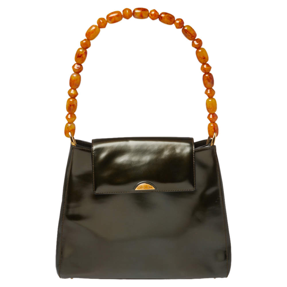 Pre Owned Dior Metallic Olive Green Glossy Leather Vintage Malice Pearl Shoulder Bag