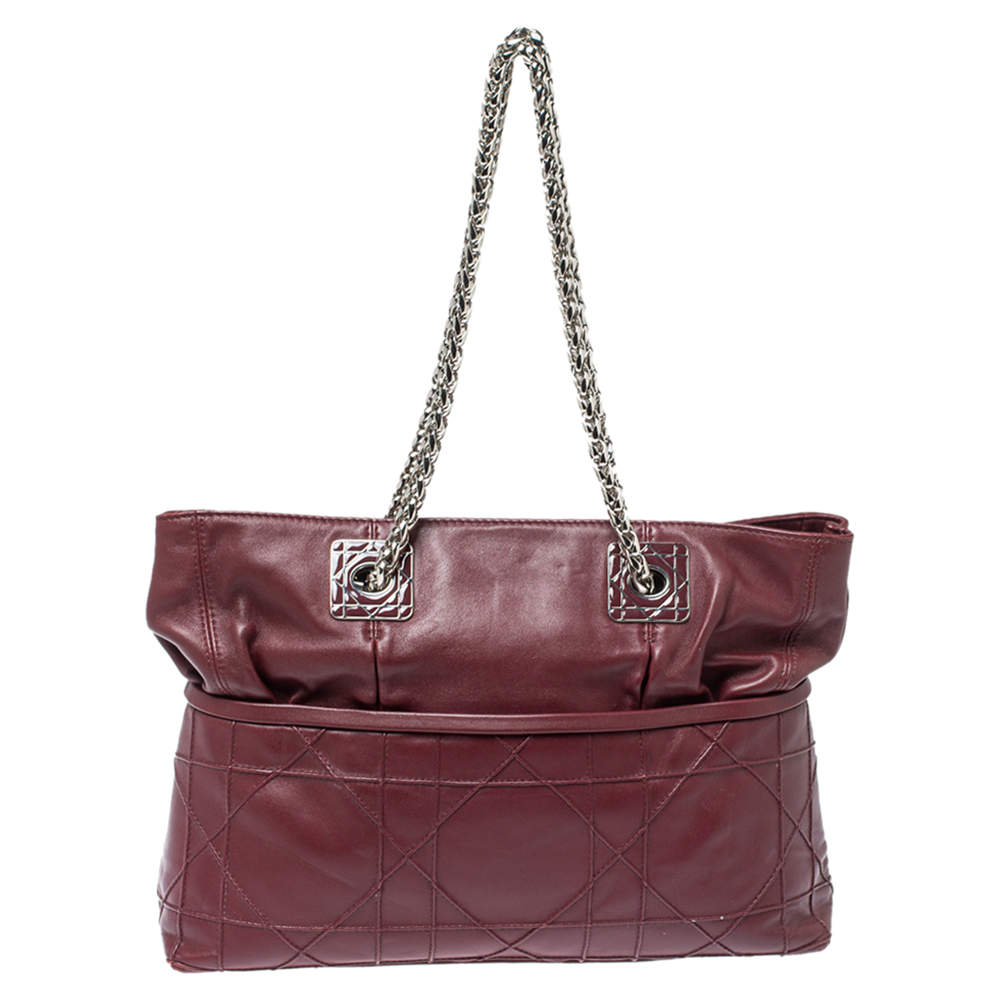 Pre Owned Dior Burgundy Cannage Leather Granville Chain Link Tote