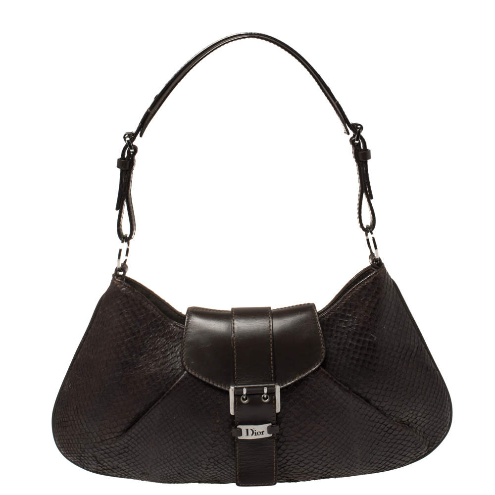 Pre Owned حقيبة هوبو ديور قلاب مزين إبزيم جلد ثعبان بني داكن