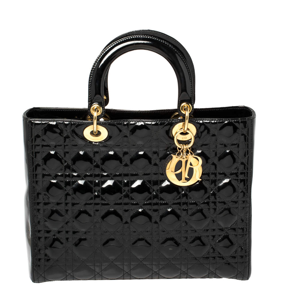 Pre Owned حقيبة يد ديور ليدي ديور كبيرة جلد لامع مبطنة كاناج سوداء 