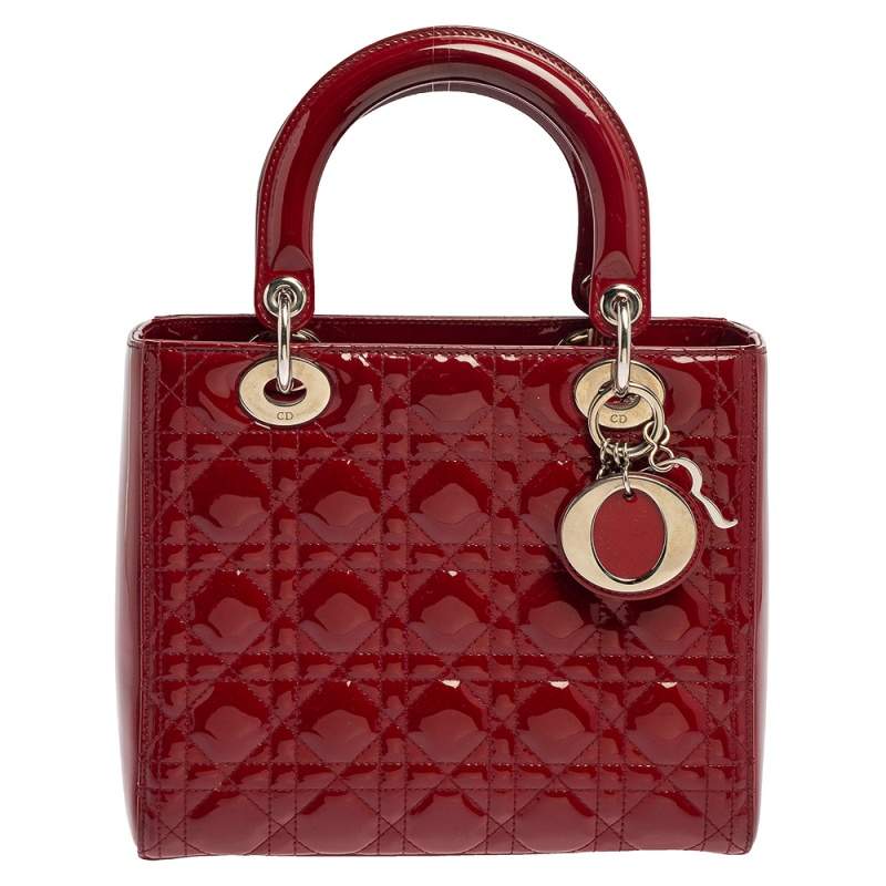 Dior Red Cannage Quilted Patent Leather Medium Lady Dior Tote
