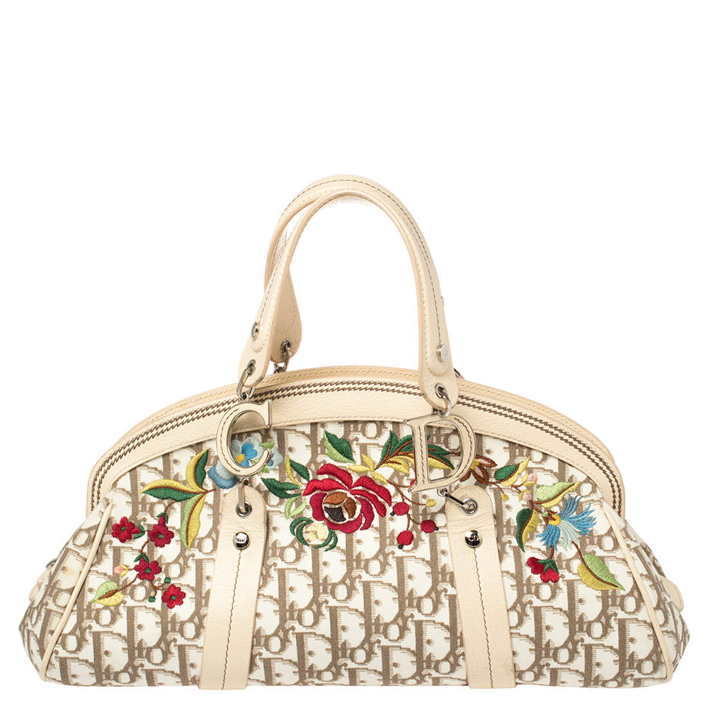 Dior Ivory/Brown Diorissimo Canvas and Leather Floral Embroidered Trotter Satchel