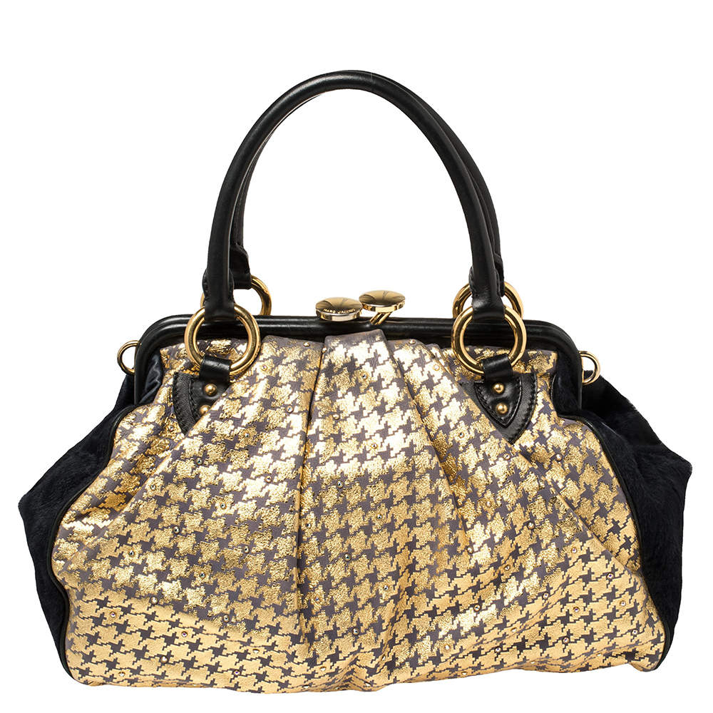 Pre Owned Marc Jacobs Black/Gold Houndstooth Print Leather and Calfhair Stam Embellished Shoulder Bag