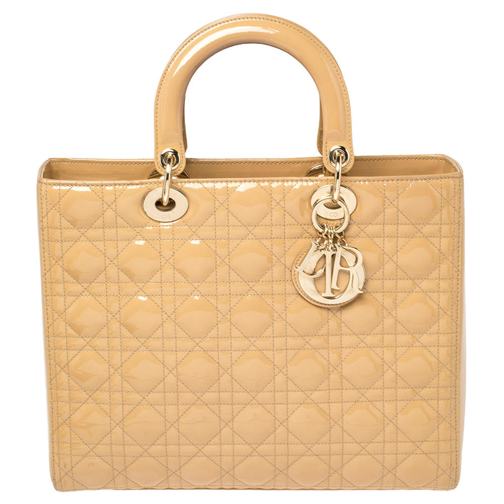 Pre Owned Dior Beige Cannage Patent Leather Large Lady Dior Tote