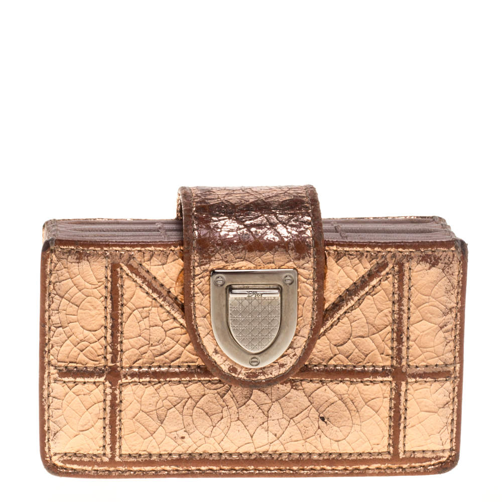 Pre Owned حافظة بطاقات ديور ديوراما غوسيت جلد مُجعد ذهبي ميتاليك 