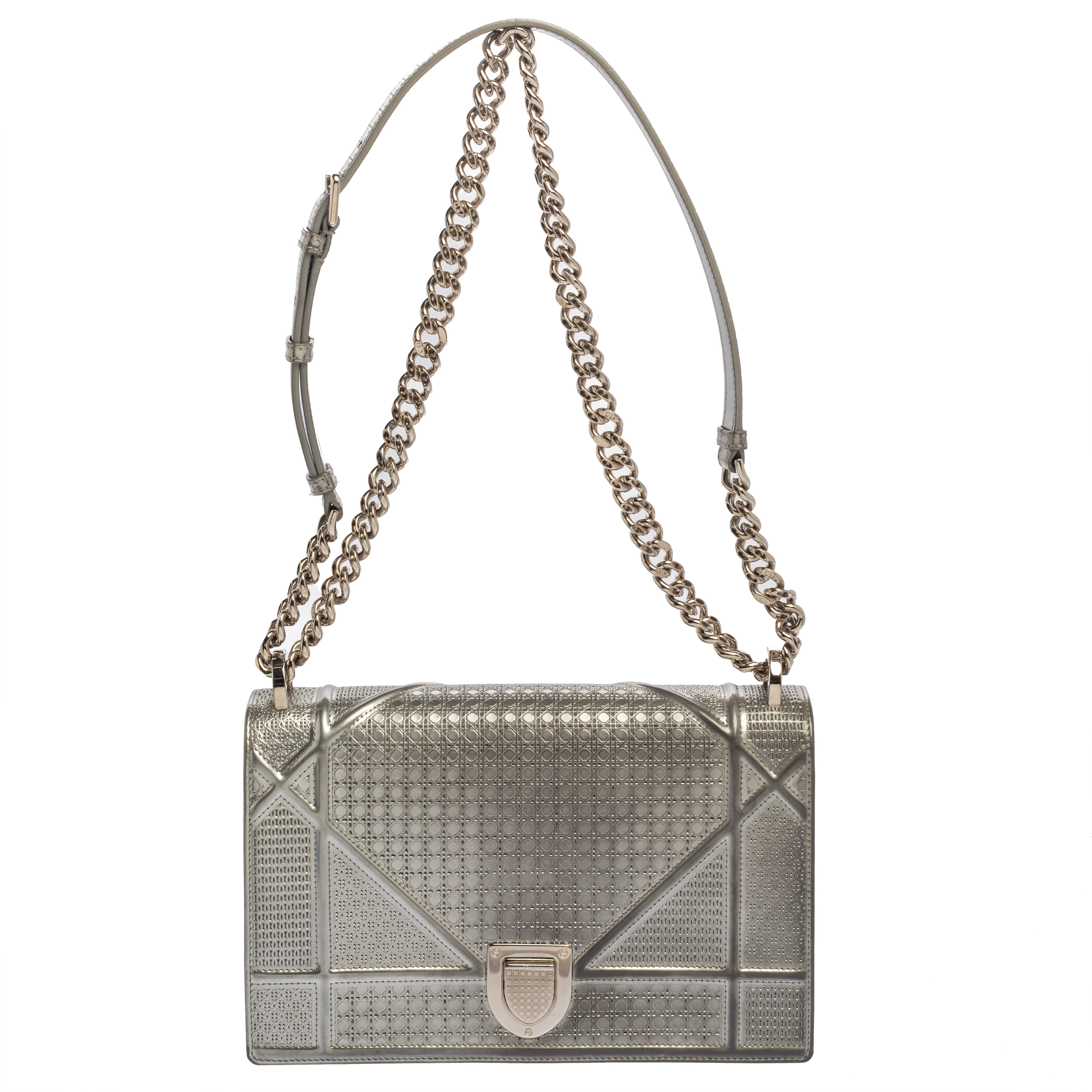 Dior Metallic Silver Microcannage Patent Leather Medium Diorama Shoulder Bag