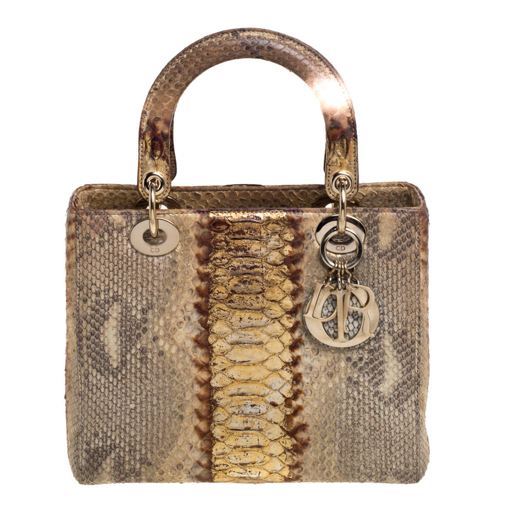 Pre Owned Dior Beige/Gold Python Medium Lady Dior Tote