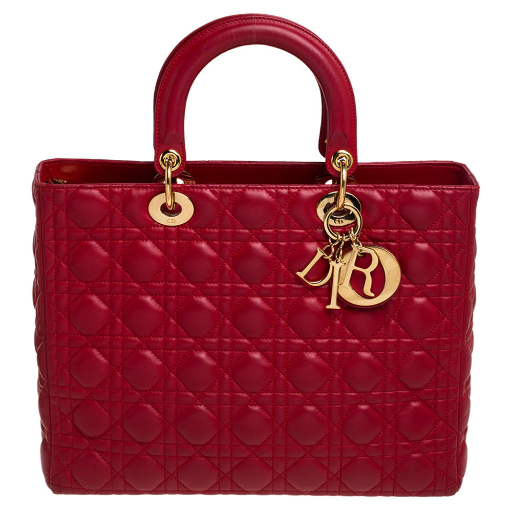 Pre Owned حقيبة يد ديور ليدي ديور كبيرة جلد كاناج أحمر