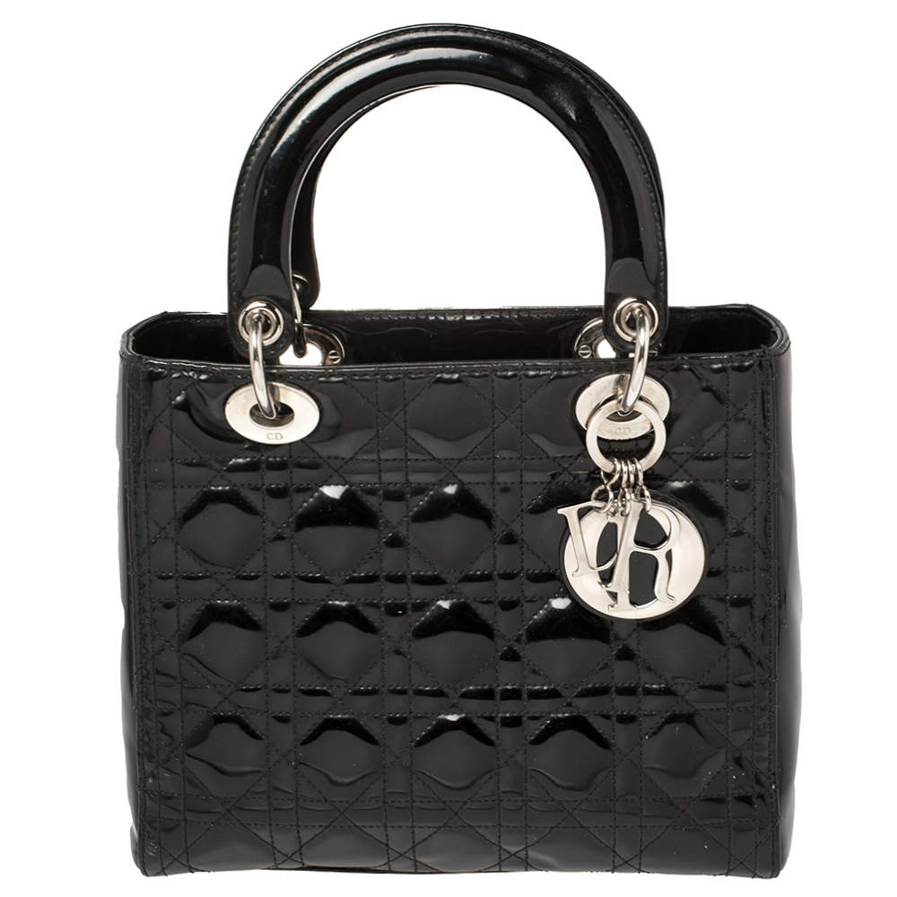 Pre Owned Dior Black Patent Leather Medium Lady Dior Tote