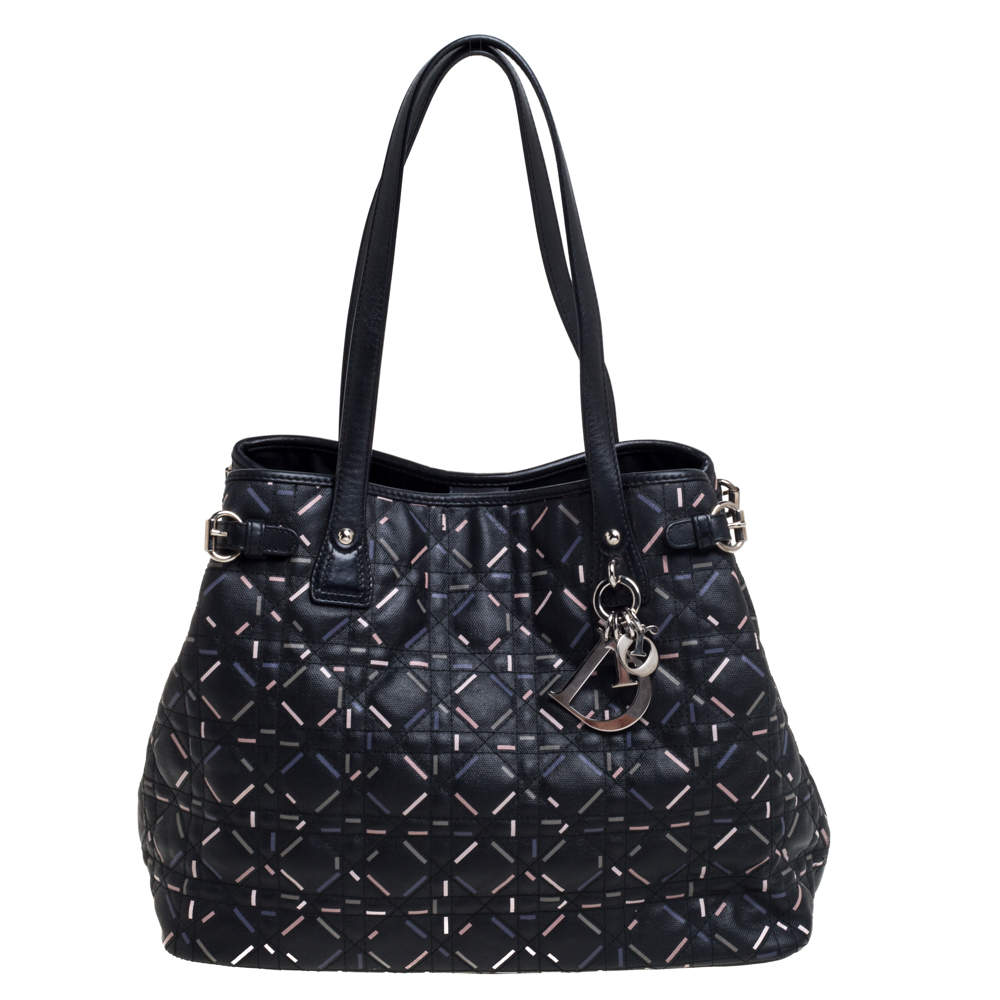 Dior Black Lines Printed Coated Canvas and Leather Small Panarea Tote