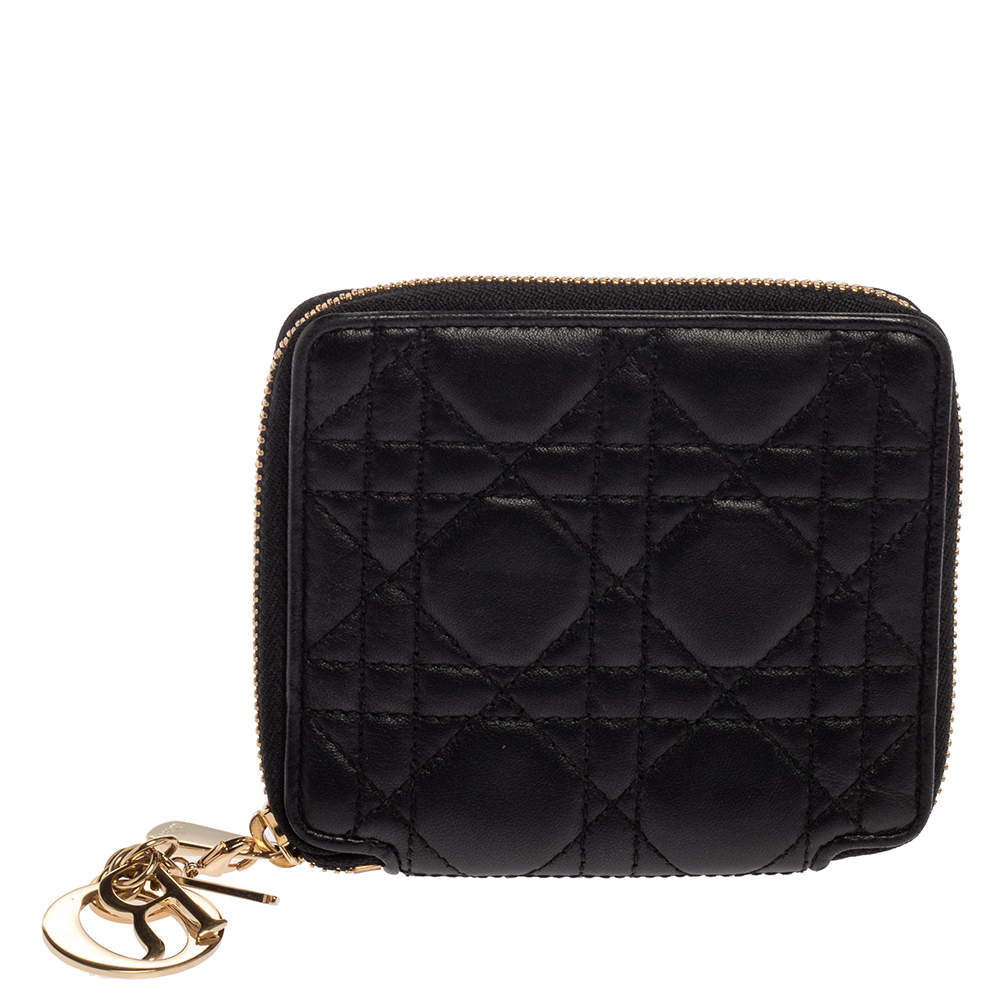 Pre Owned Dior Black Cannage Leather Lady Dior Voyageur Compact Zip Around Wallet