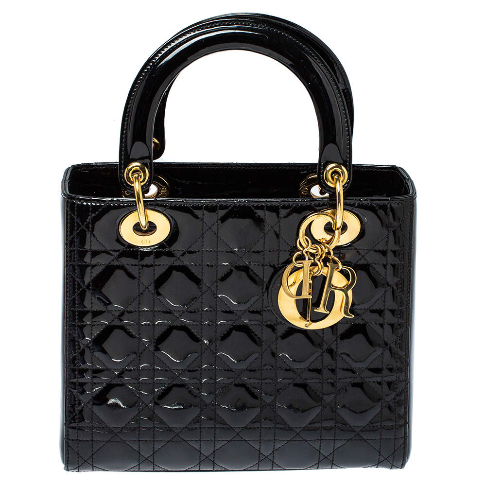 Pre Owned حقيبة يد ديور ليدي ديور متوسطة جلد لامع كاناج أسود