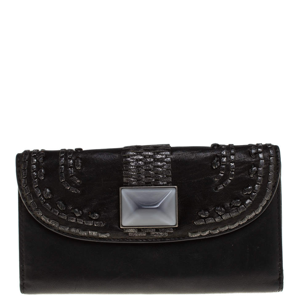Pre Owned Dior Black Leather Crystal Detail Continental Wallet