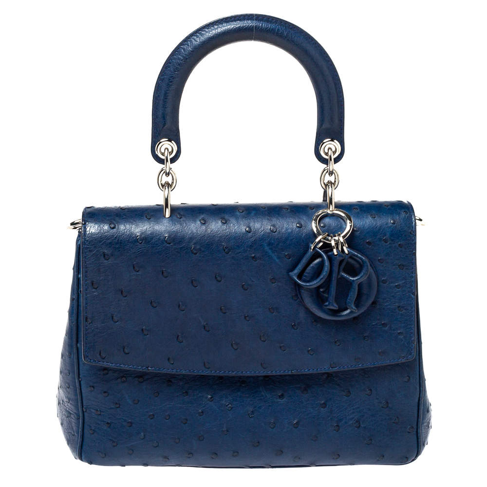 Pre Owned Dior Blue Ostrich Medium Be Dior Flap Top Handle Bag