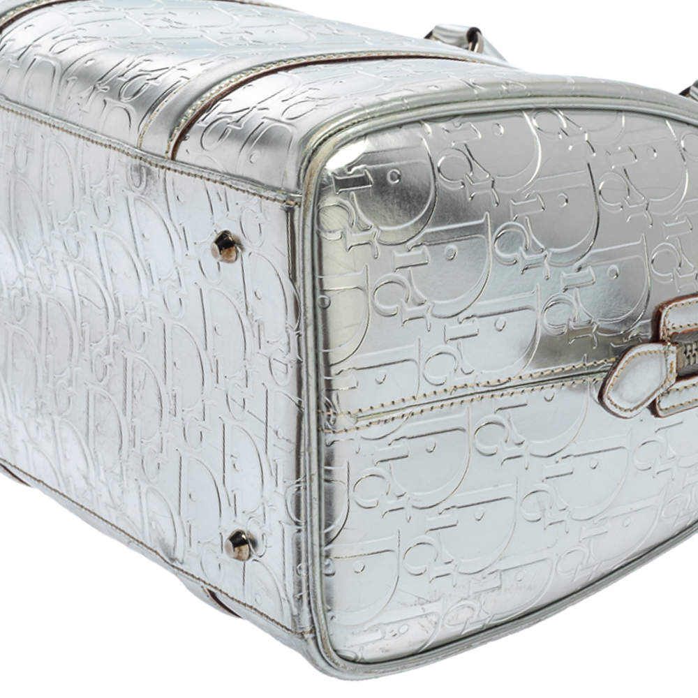 Dior Metallic Silver Oblique Monogram Leather Boston Bag