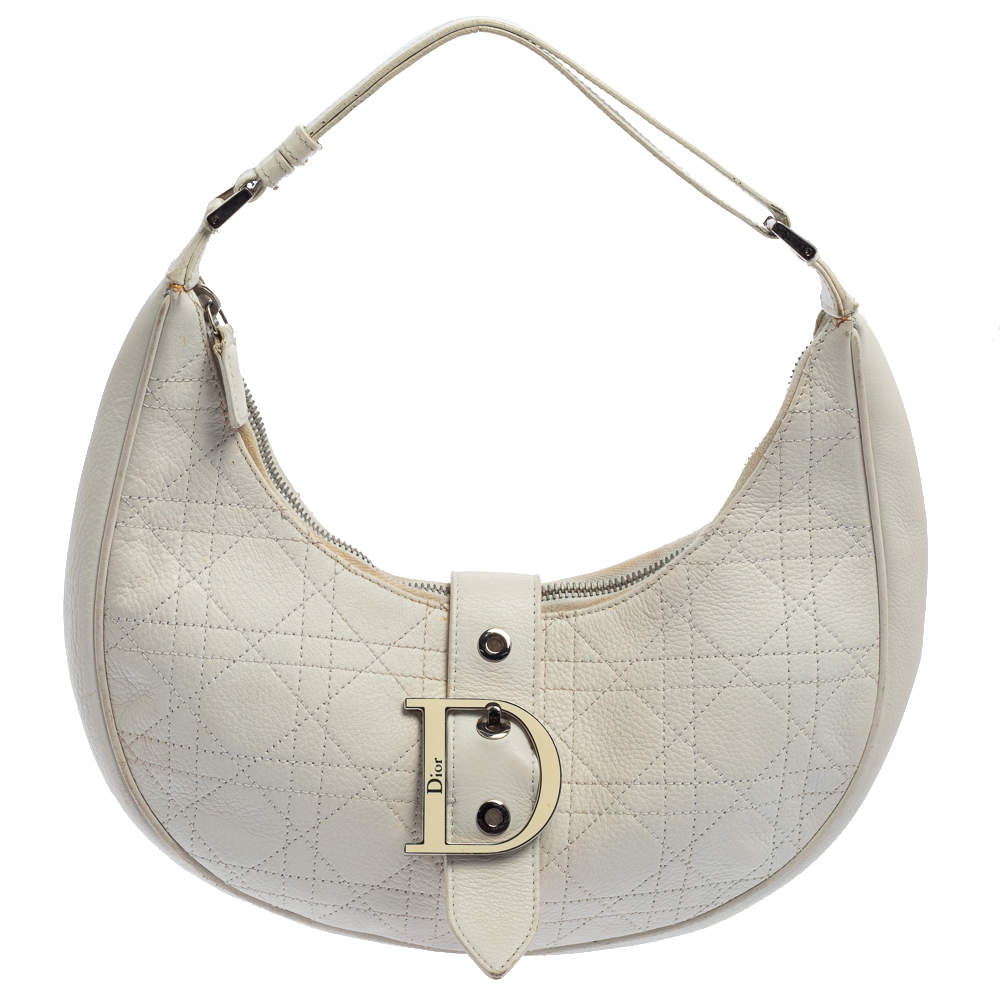 Dior White Cannage Leather D Flap Half Moon Hobo